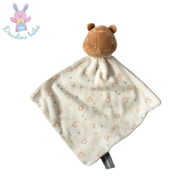 Doudou plat Hippopotame plat marron blanc motifs ORCHESTRA