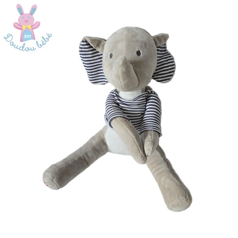 Doudou éléphant gris blanc oreilles t-shirt rayé bleu OBAIBI OKAIDI