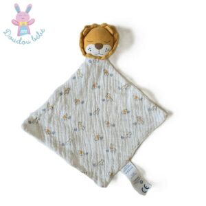 Doudou plat Lion lange tissu jaune blanc petits animaux OBAIBI