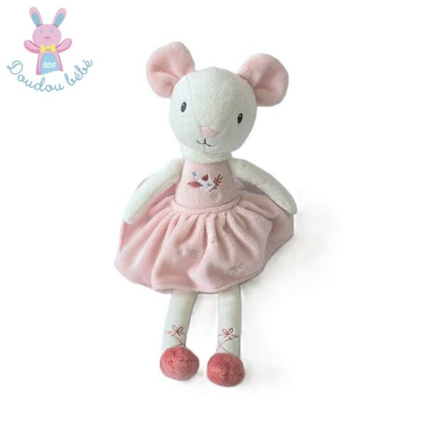 Doudou Souris rose blanc robe fleur oiseau 29 cm TEX BABY