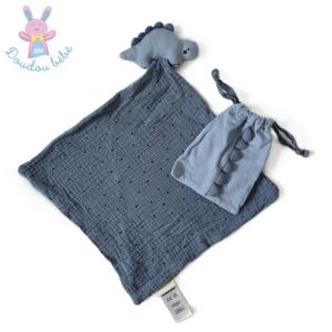 Doudou plat Dinosaure lange bleu noir + sac VERTBAUDET