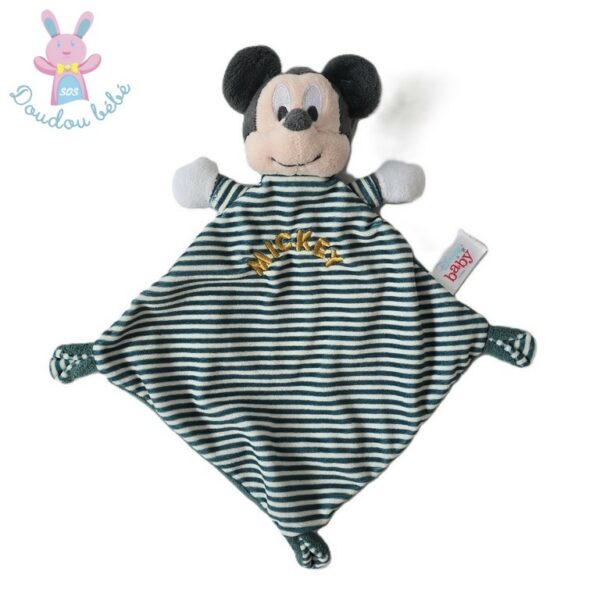 Doudou plat Mickey plat rayé vert et blanc tout doux DISNEY