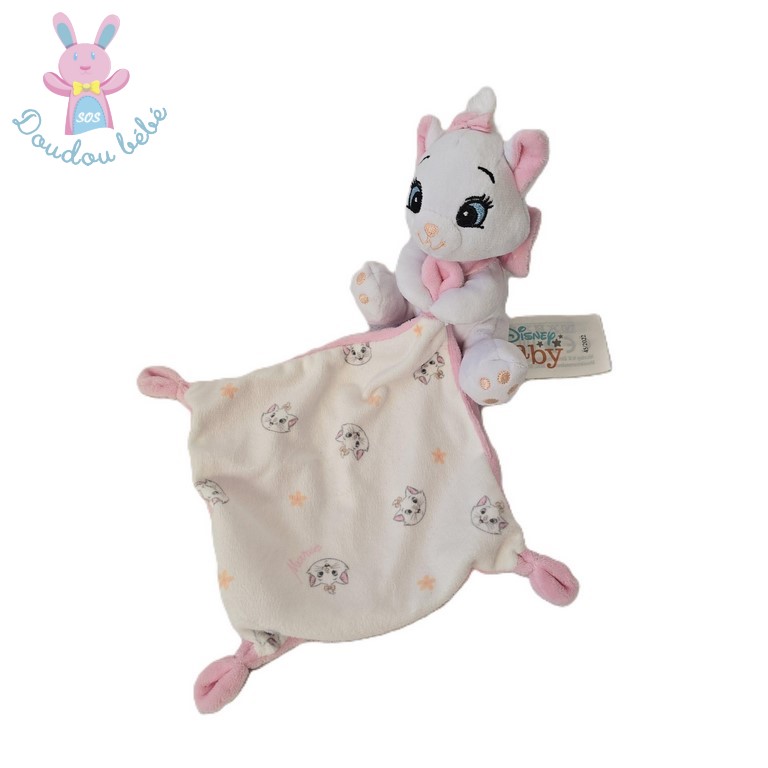 Doudou Chat Marie blanc rose mouchoir têtes et fleurs DISNEY BABY