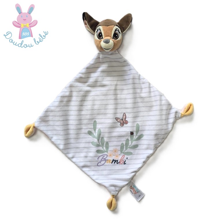 Doudou plat Faon Bambi rayé gris blanc papillon dos rose DISNEY