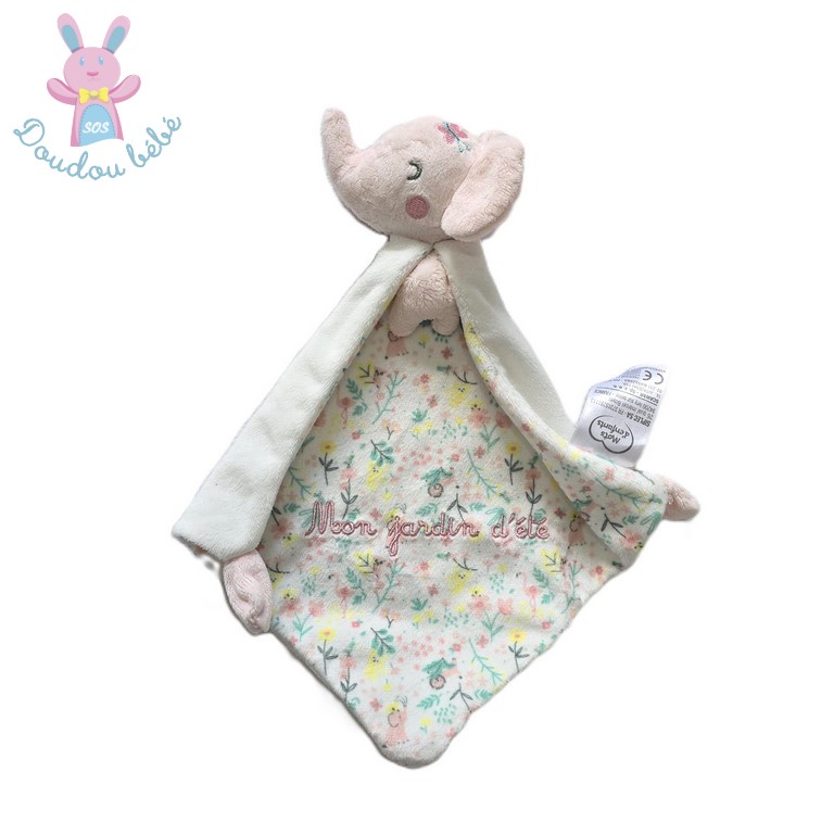 Doudou éléphant rose blanc fleurs "Mon jardin d'été" MOTS D'ENFANTS