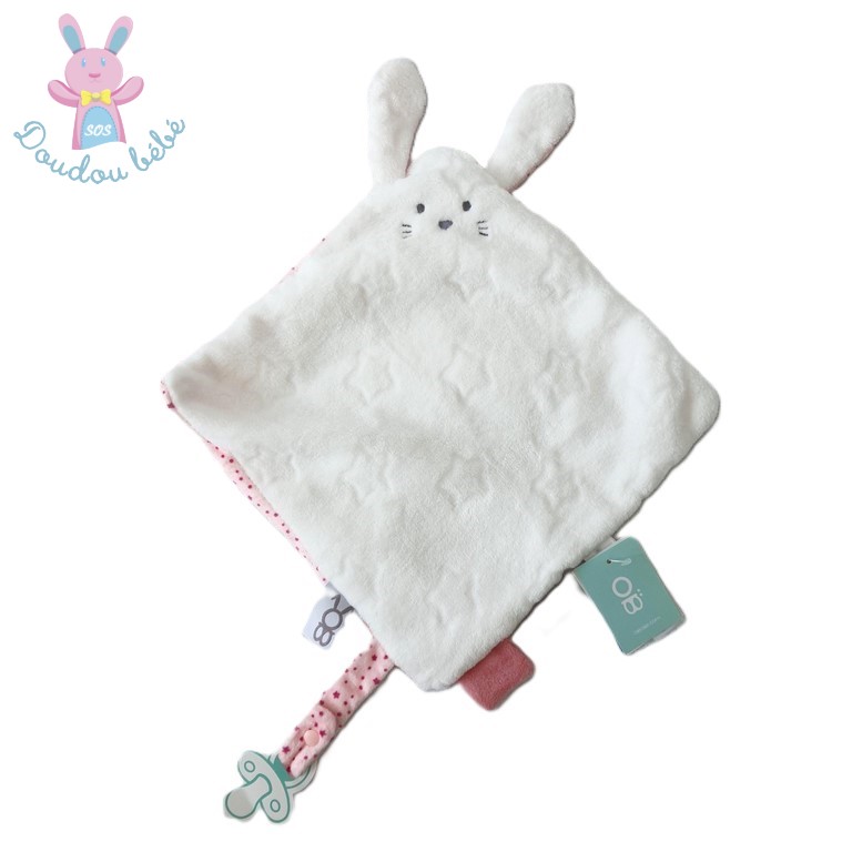 Doudou plat Lapin blanc rose étoiles attache tétine OBAIBI