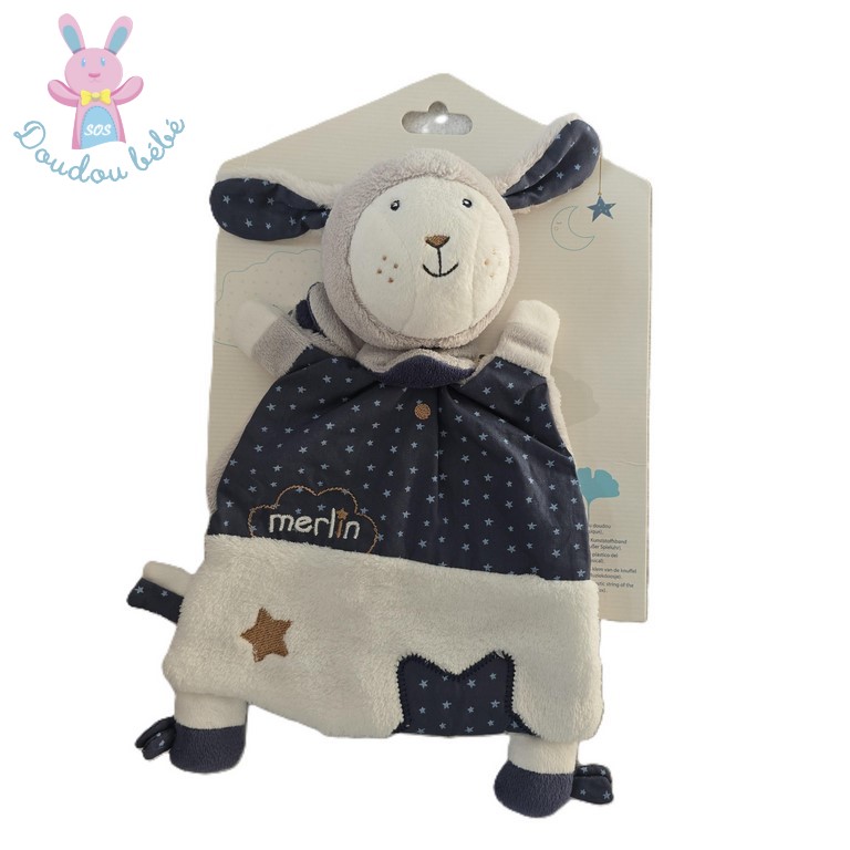 Doudou plat Mouton Merlin bleu blanc gris étoiles SAUTHON