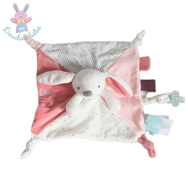 Doudou plat Lapin rose blanc gris étoiles pois OBAIBI