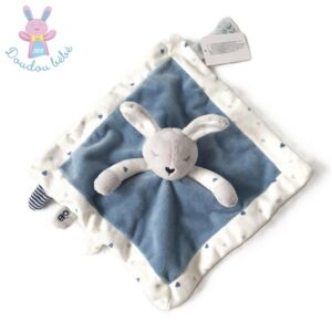 Doudou plat Lapin bleu blanc gris cœurs OBAIBI