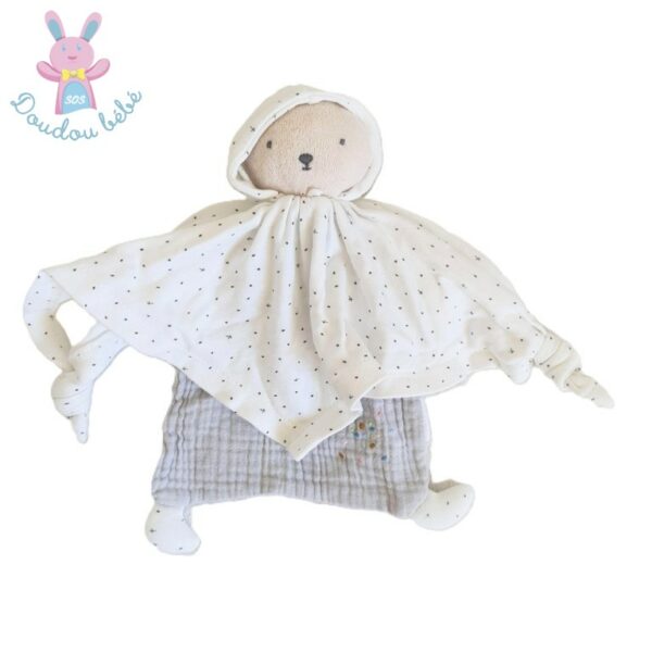 Doudou plat Ours coton bio gris blanc capuche Petit Pas KALOO