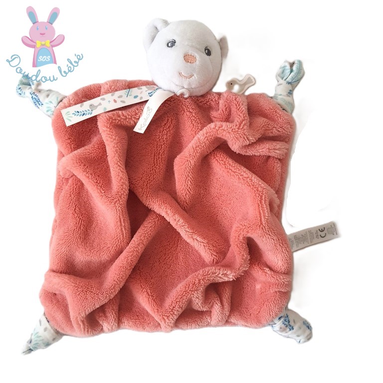 Doudou plat Ours plume orange corail KALOO