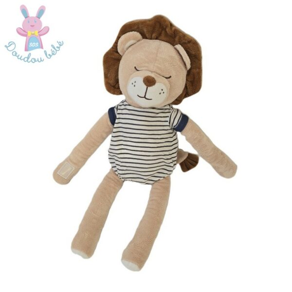 Doudou Lion beige marron combinaison rayé bleu marine blanc OBAIBI