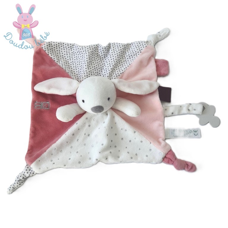 Doudou plat Lapin rose blanc gris étoiles pois OBAIBI