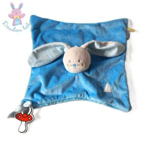 Doudou plat Lapin bleu gris rayé bateau SUCRE D’ORGE