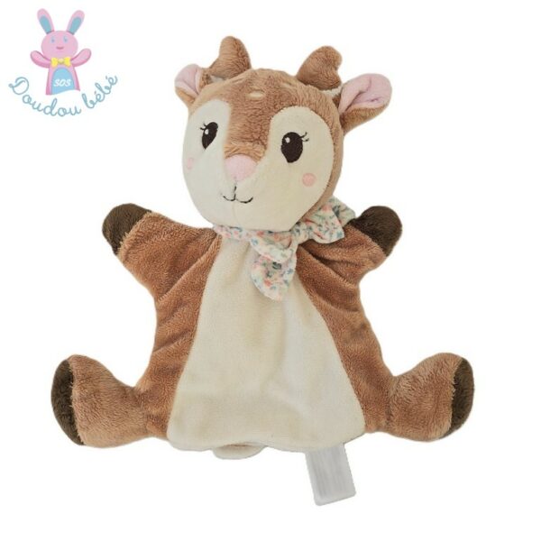 Doudou marionnette Biche Faon blanc marron crème TEX BABY