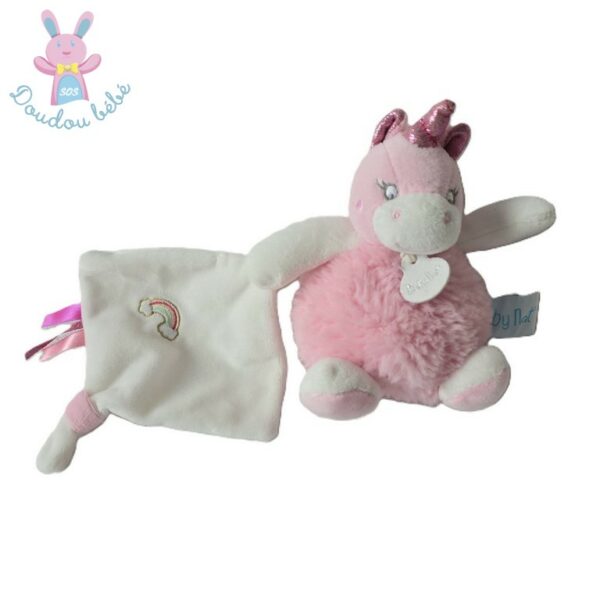 Doudou Licorne rose mouchoir blanc arc en ciel BABY NAT