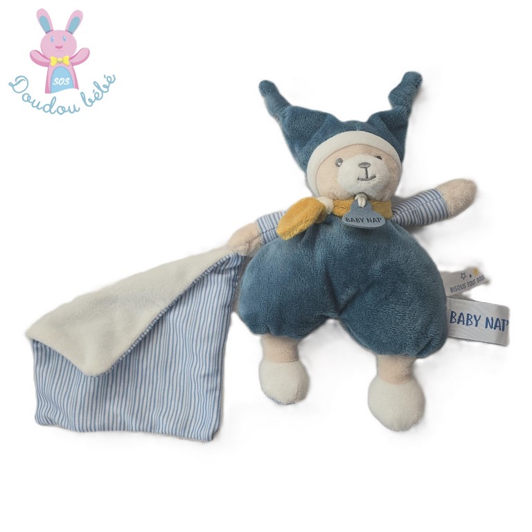 Doudou Ours Polochon bleu mouchoir rayé bleu blanc BABY NAT