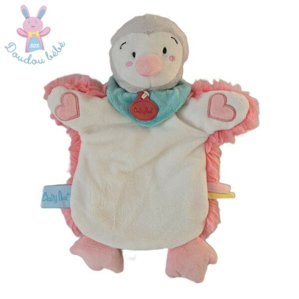 Doudou Pingouin marionnette Neskimos blanc rose cœurs BABY NAT