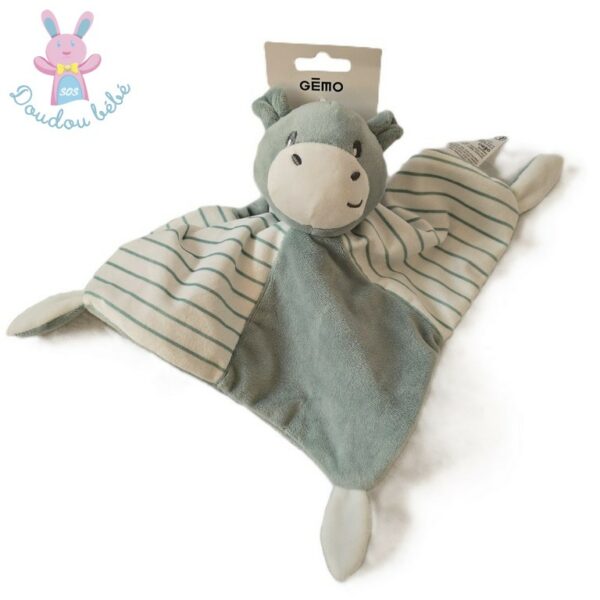 Doudou plat Hippopotame vert blanc et rayé Gémo