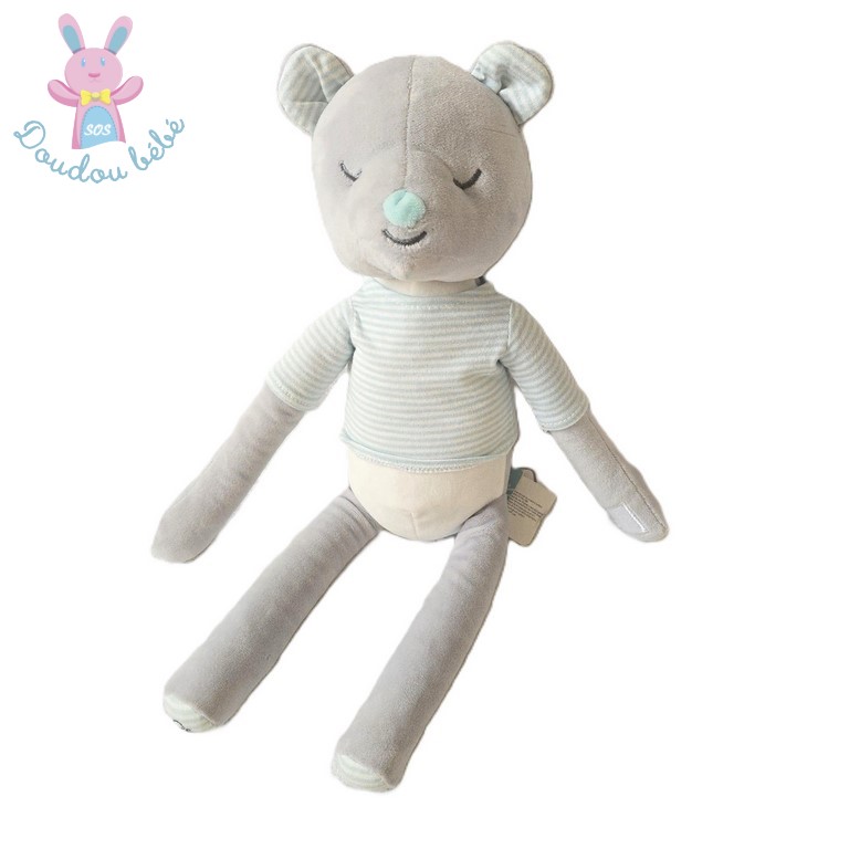 Doudou Ours gris blanc avec t-shirt rayé bleu OBAIBI OKAIDI