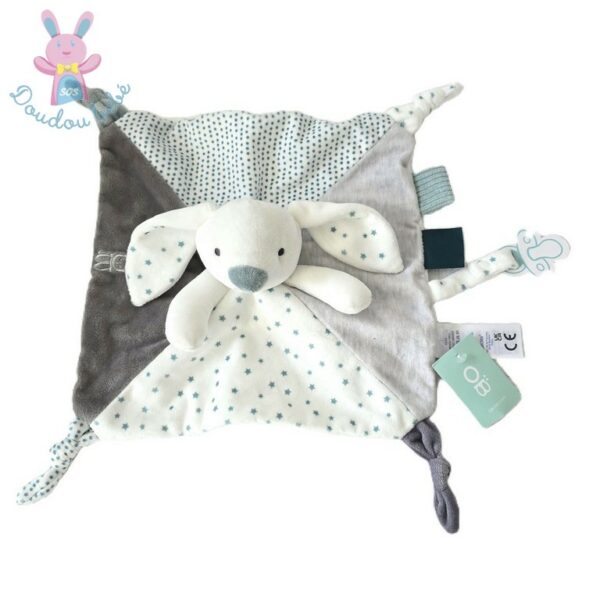 Doudou plat Lapin gris blanc bleu étoiles pois OBAIBI