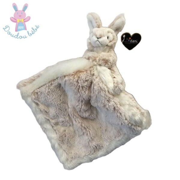 Doudou Lapin fourrure beige chiné et blanc mouchoir DANI CREATIONS