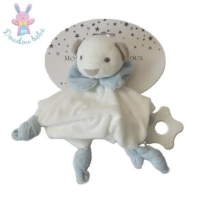 Doudou plat Ours blanc bleu gris anneau dentition MATHILDE M.