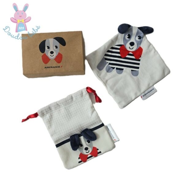 Doudou plat Chien rayé bleu blanc + sac AIR FRANCE