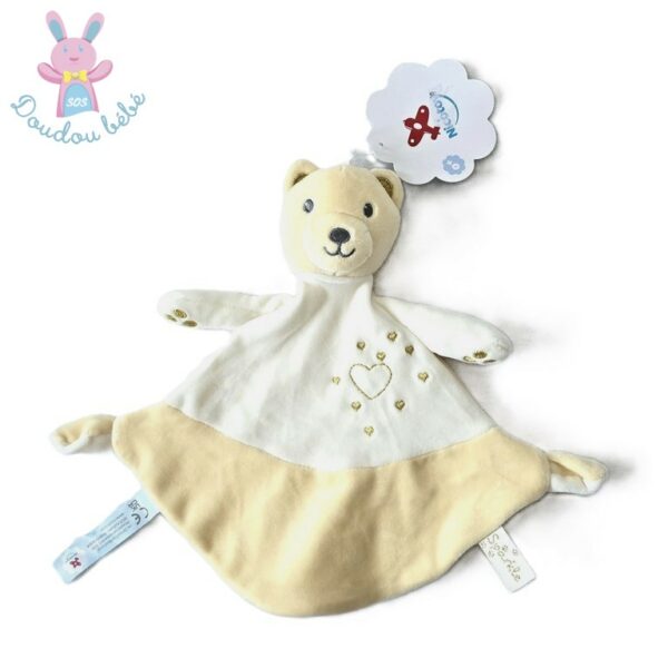 Doudou plat Ours beige blanc doré or cœurs Sparkle NICOTOY