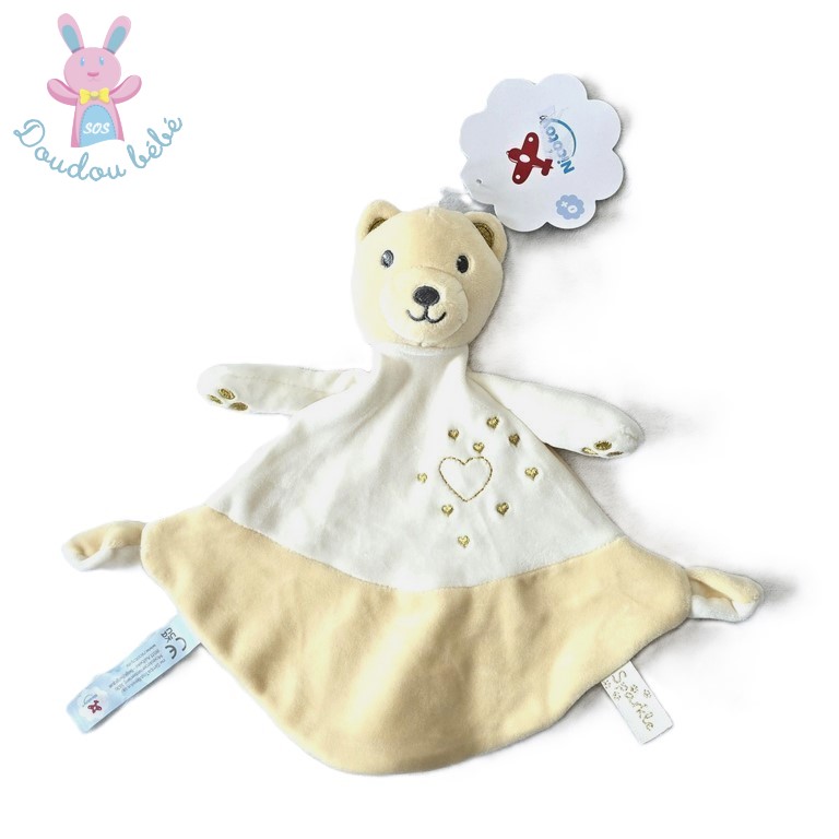 Doudou plat Ours beige blanc doré or cœurs Sparkle NICOTOY