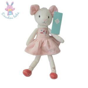 Doudou Souris rose blanc robe fleur oiseau 29 cm TEX BABY