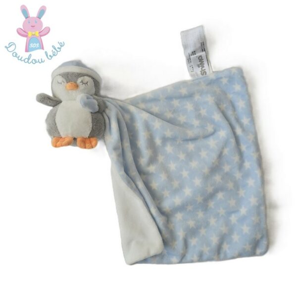 Doudou Pingouin bleu gris blanc mouchoir étoiles SHIMA