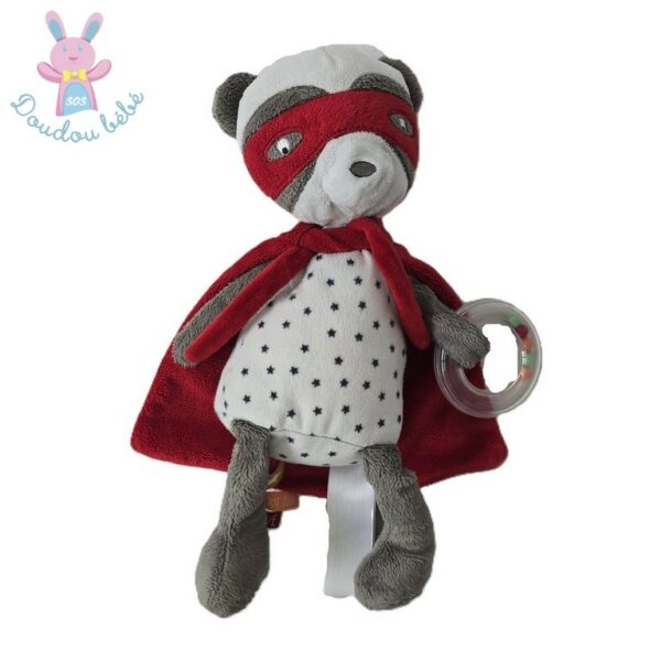 Doudou Panda super héros gris blanc cape rouge TAPE A L'OEIL TAO