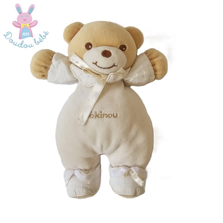 Doudou Ours beige écru blanc nœud satiné TAKINOU