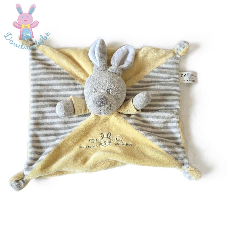 Doudou plat Lapin gris jaune blanc et rayé "Amour de lapin" Vétir