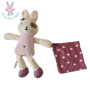 Doudou Lapin rose beige cœur mouchoir à pois AUCHAN