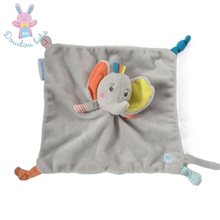 Doudou plat éléphant gris orange jaune bleu Bébé Confort