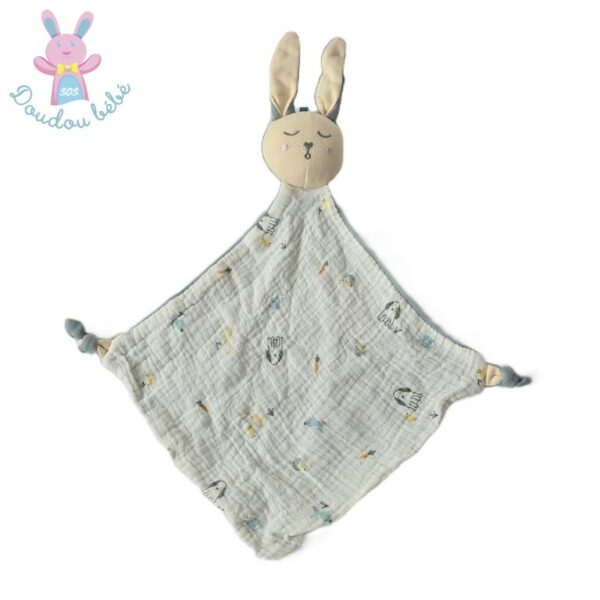 Doudou plat Lapin lange blanc bleu chien hérisson carotte SIMBA