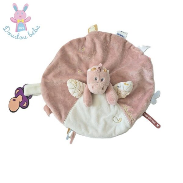 Doudou plat Dragon Lina & Joy rose blanc rond NOUKIE'S