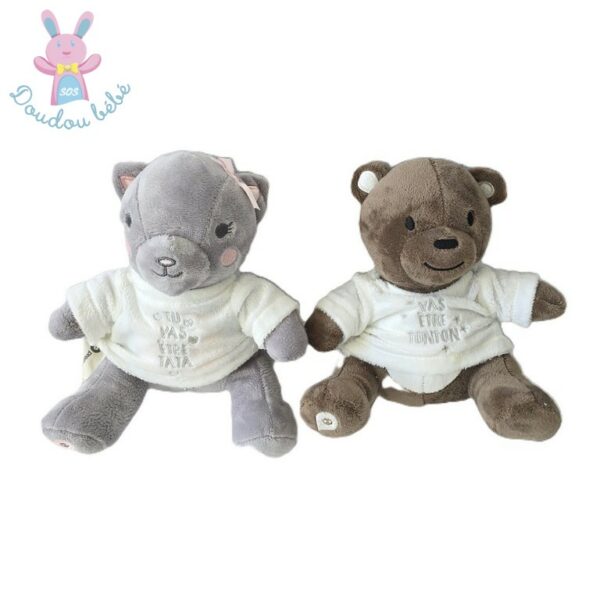 Doudou Ours gris rose + Ours marron blanc "tu vas être tata + tonton" ORCHESTRA