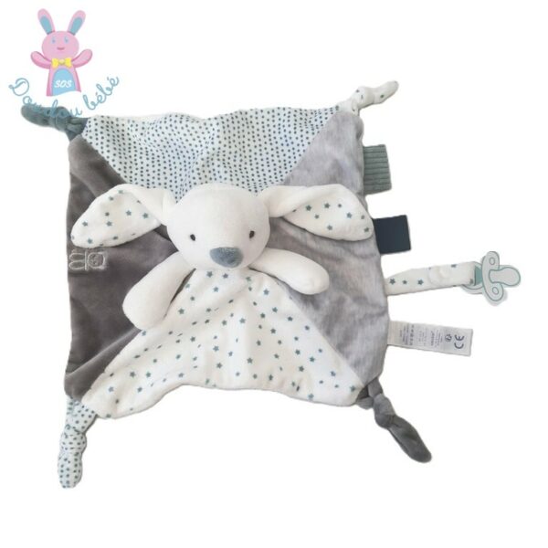 Doudou plat Lapin gris blanc bleu étoiles pois OBAIBI