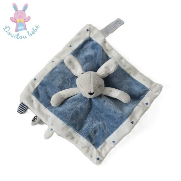 Doudou plat Lapin bleu blanc gris cœurs OBAIBI