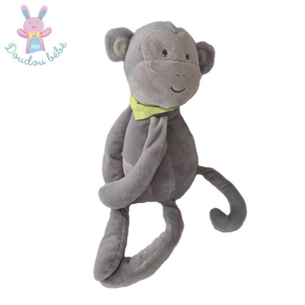 Doudou Singe gris foulard vert avec scratchs OBAIBI