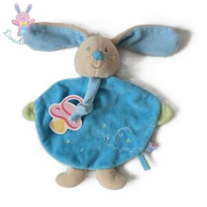 Doudou plat Lapin bleu beige tortue attache tétine SUCRE D’ORGE