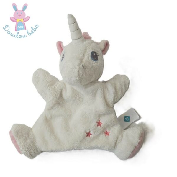 Doudou marionnette Licorne blanc rose étoiles TEX