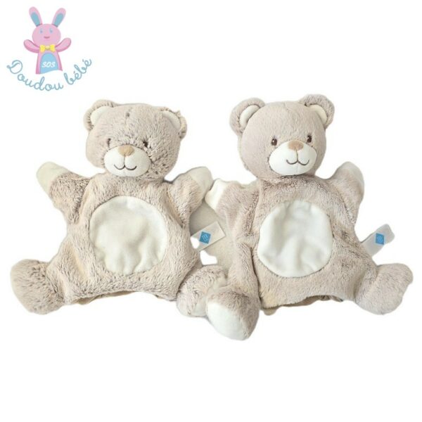 Lot de 2 Doudous marionnette Ours beige chiné et blanc TEX