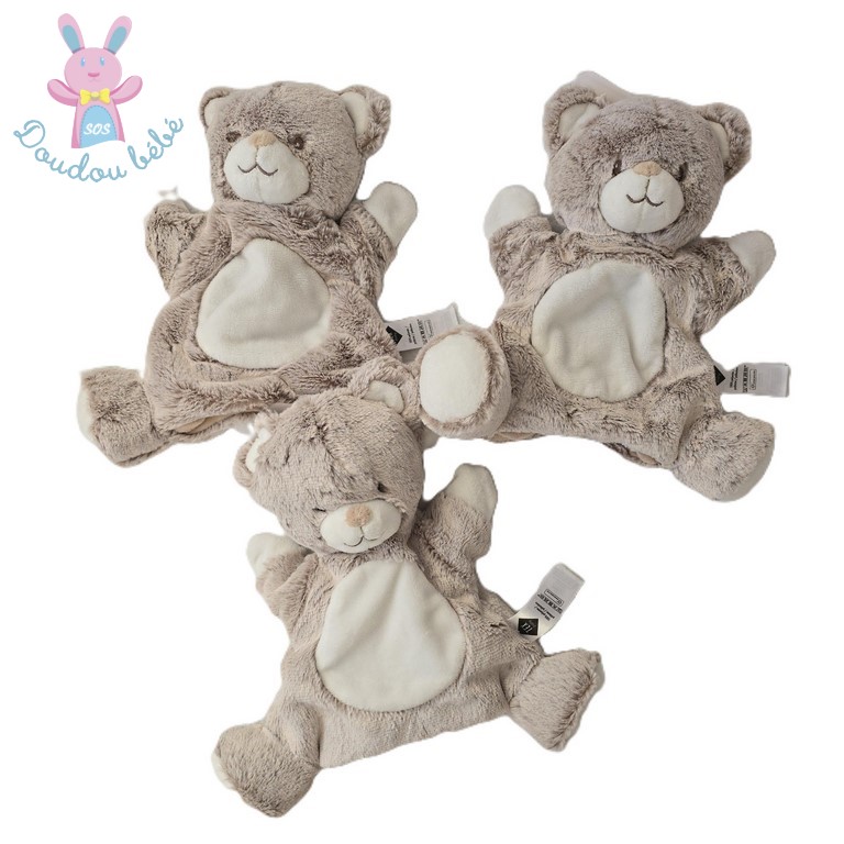 Lot de 3 Doudous marionnette Ours beige chiné et blanc TEX