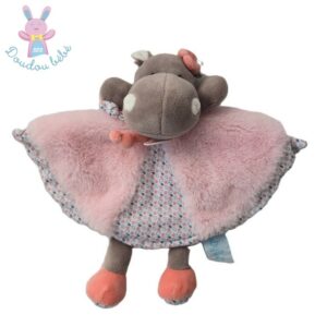 Doudou plat Hippopotame Zoé rose gris petits motifs BABY NAT