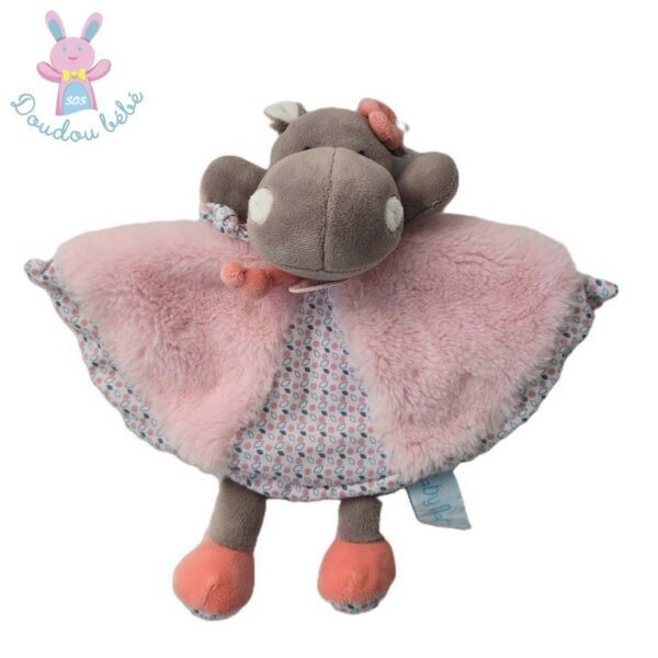 Doudou plat Hippopotame Zoé rose gris petits motifs BABY NAT