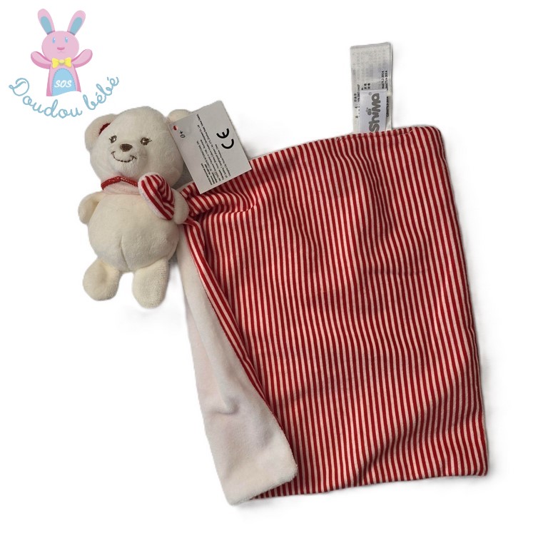 Doudou Ours blanc foulard mouchoir rayé rouge blanc SHIMA